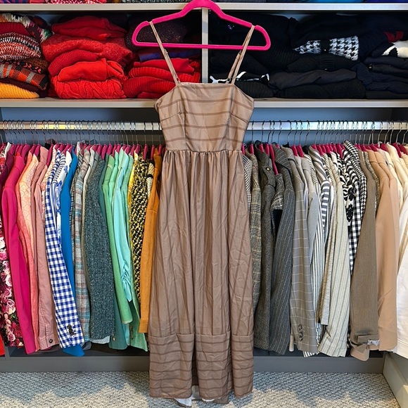 Unbranded brown striped adjustable strap smocked back lined maxi dress size XS - Picture 1 of 2